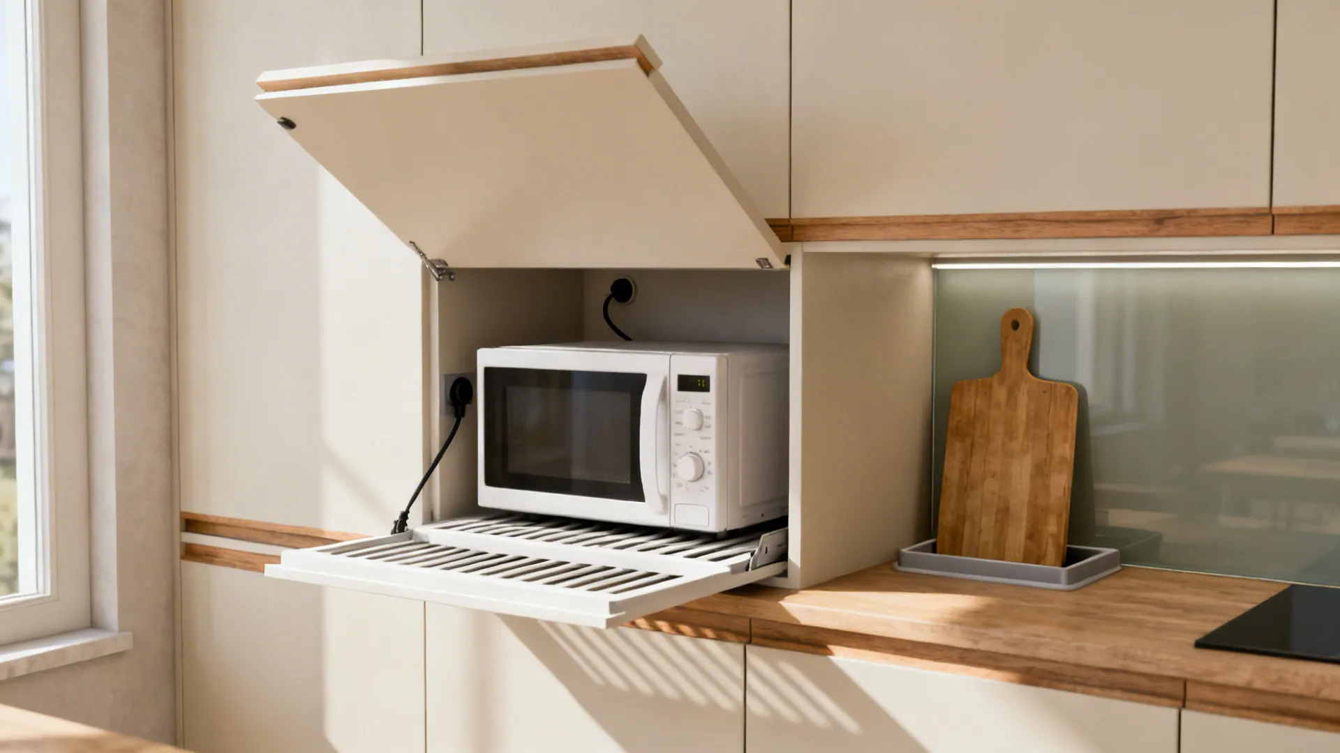 Counter-depth niche with flip-up door revealing a microwave on a ventilated shelf