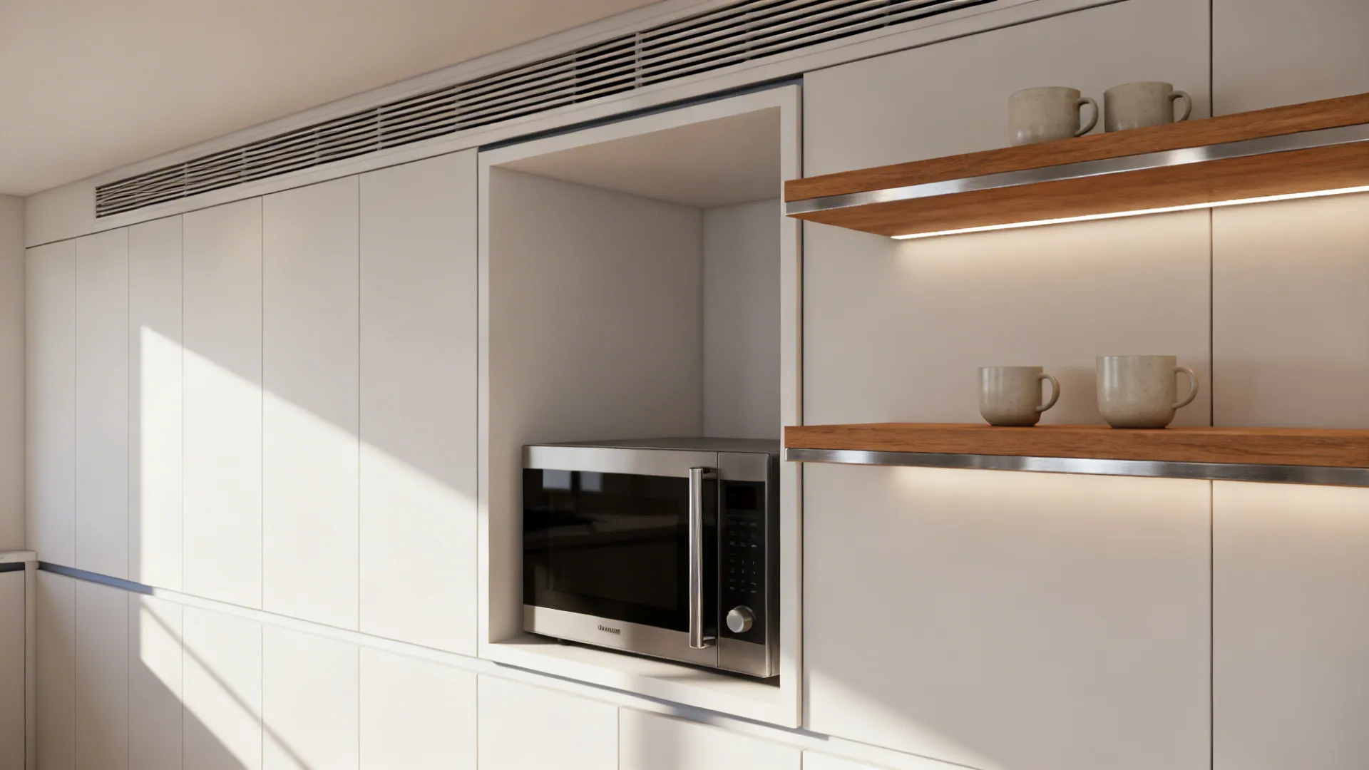 Recessed microwave niche with floating shelves and a discreet top vent channel