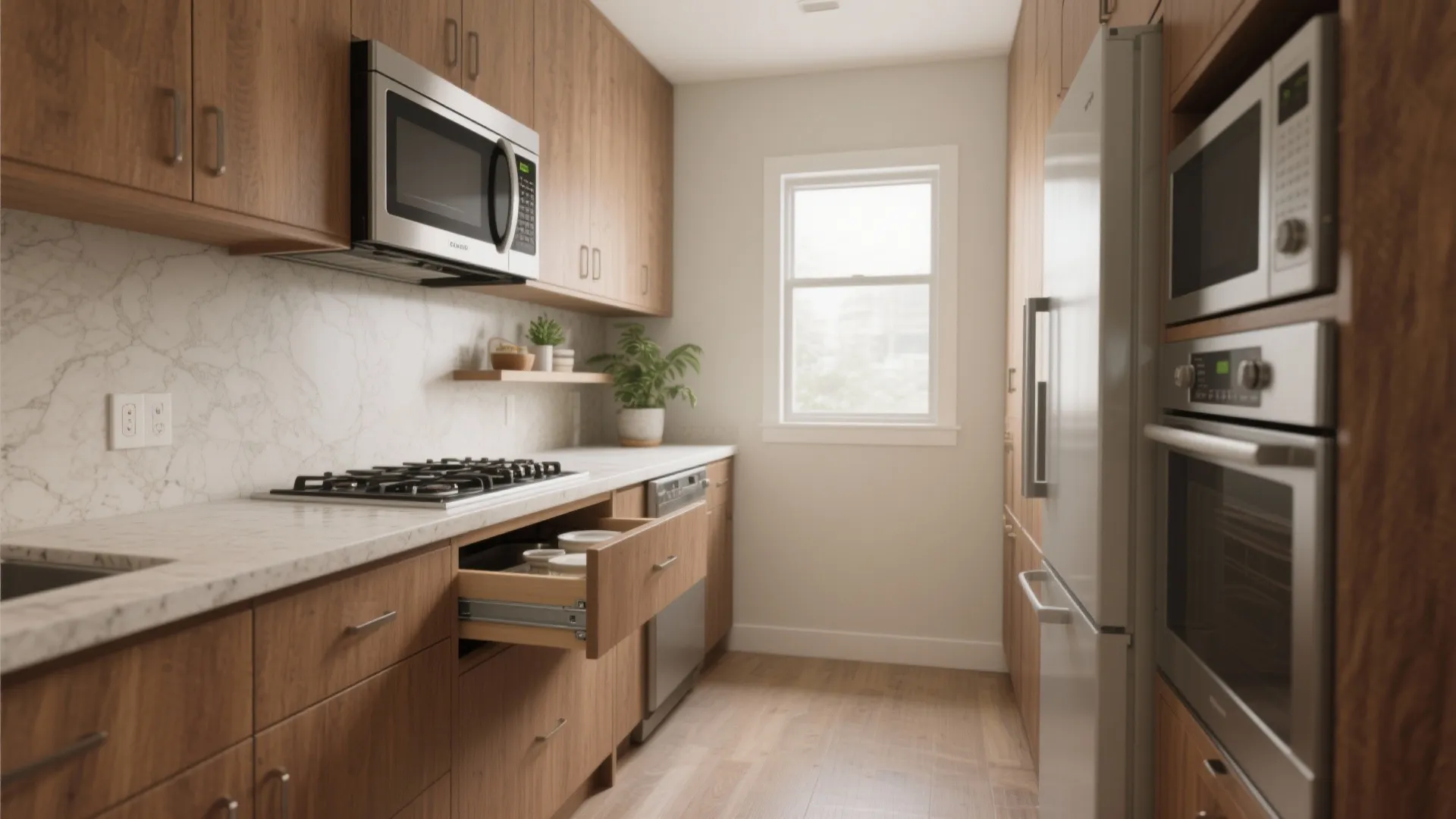 Modern kitchen with wood cabinets marble countertops a stainless microwave and an open storage drawer