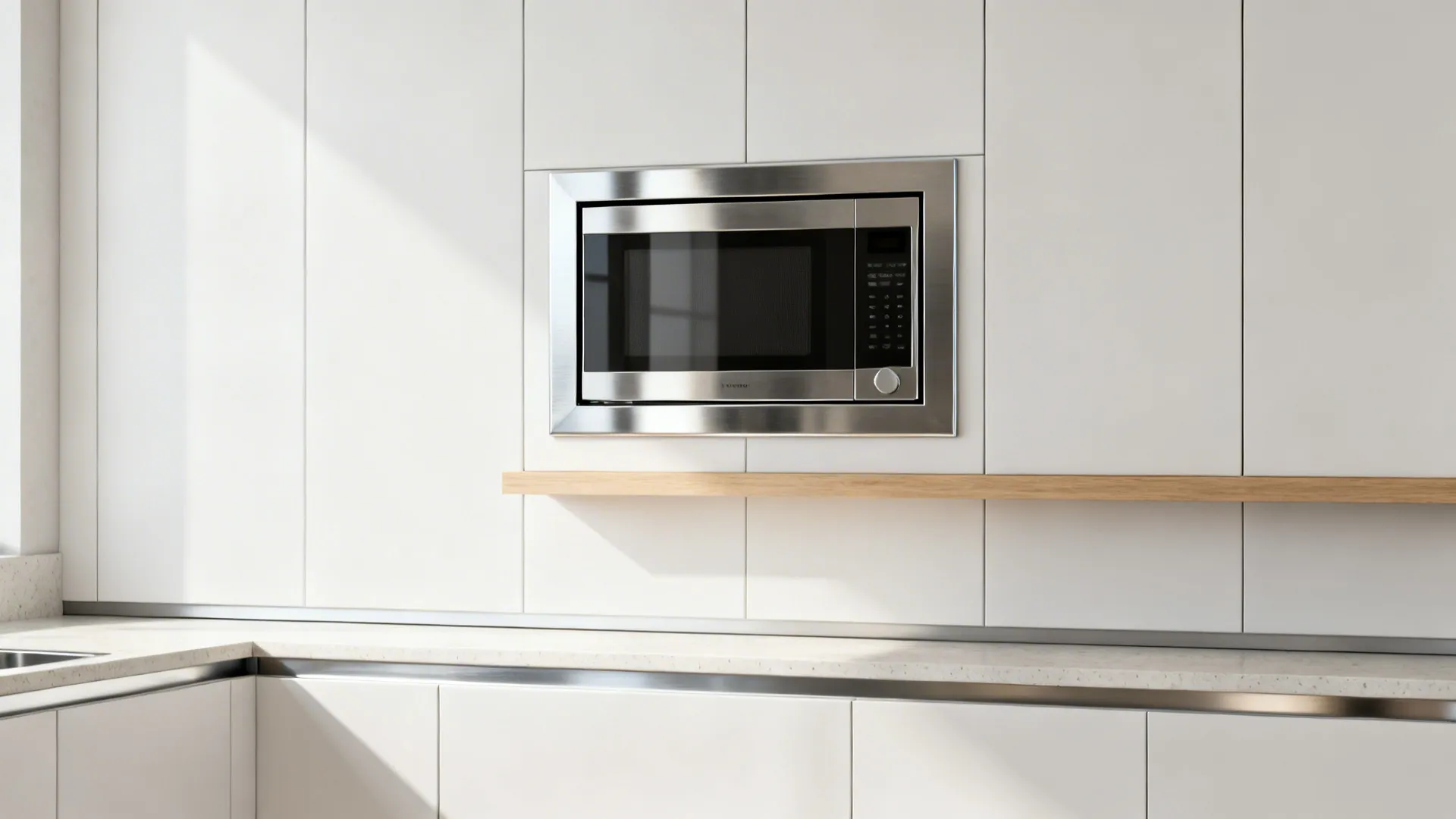 Microwave in a wall cabinet with a stainless trim kit above a quartz counter