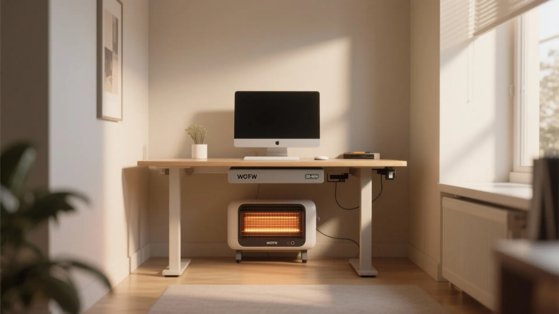 Small office nook showing a compact heater under the desk sized appropriately for a personal micro-zone.