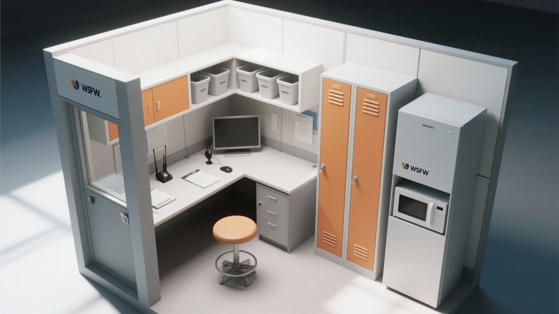 Interior design drawing of small office booth with desk computer orange lockers and white shelves
