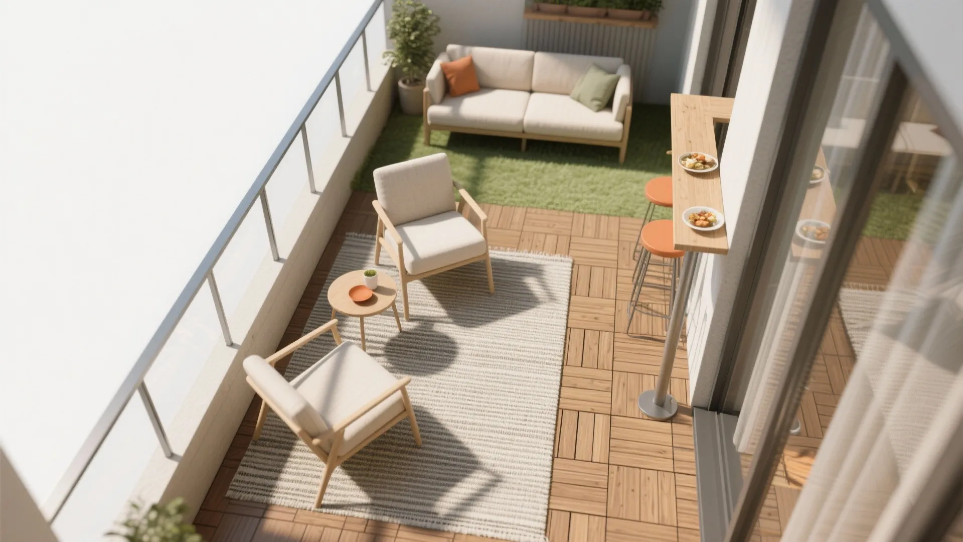 Top-down plan showing lounge chairs with side table and a slim rail bar.