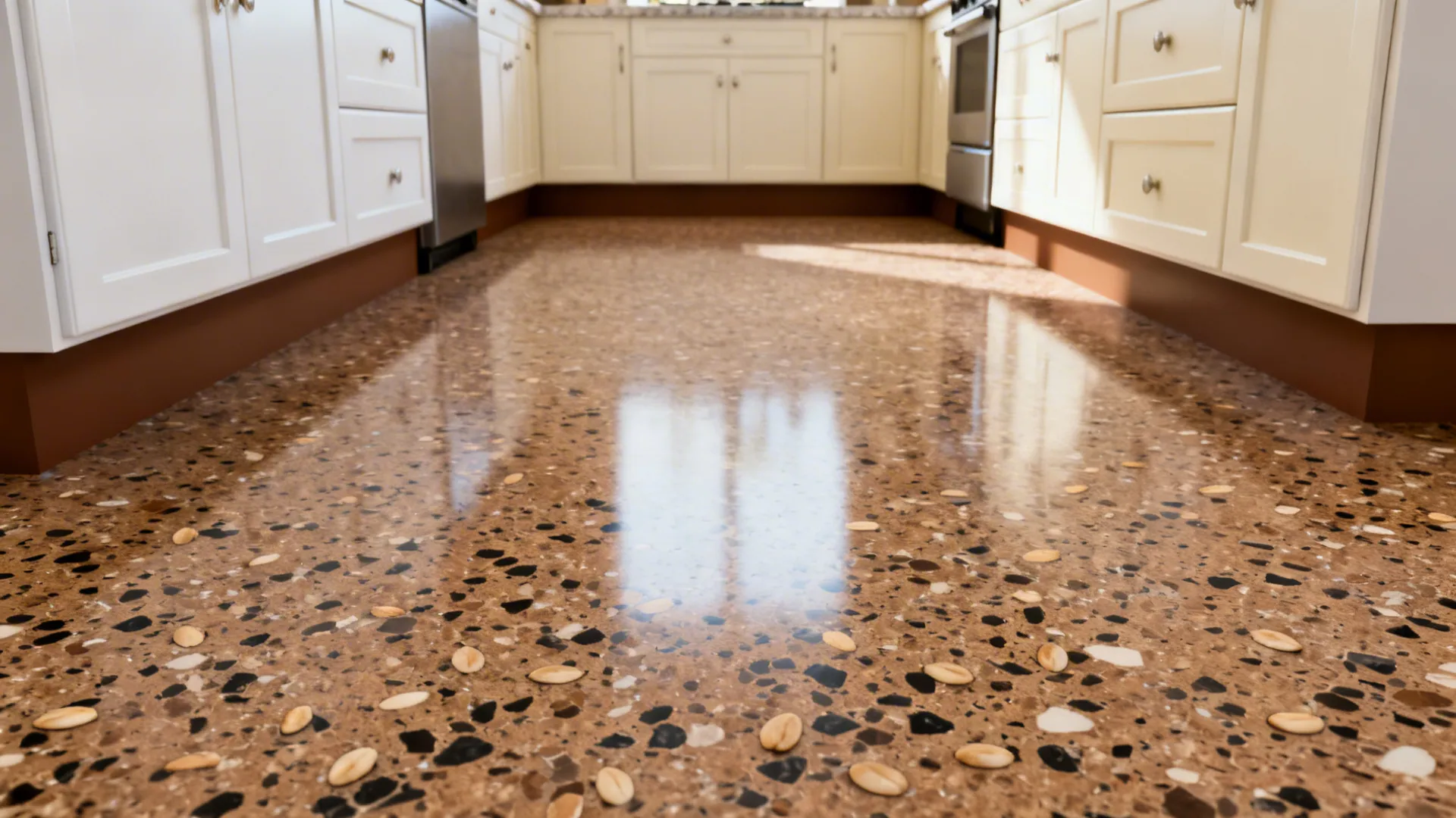 Small kitchen with mid-brown terrazzo floor and light cabinetry, softly lit by daylight.