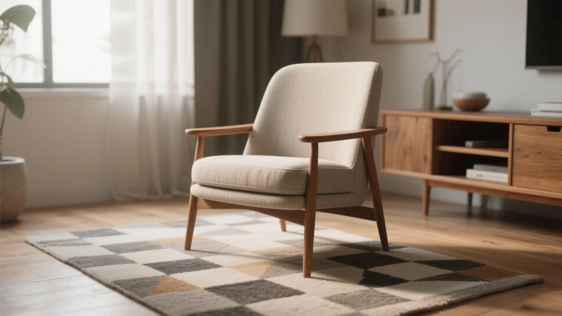 Mid-century modern armchair with tapered legs in a stylish room