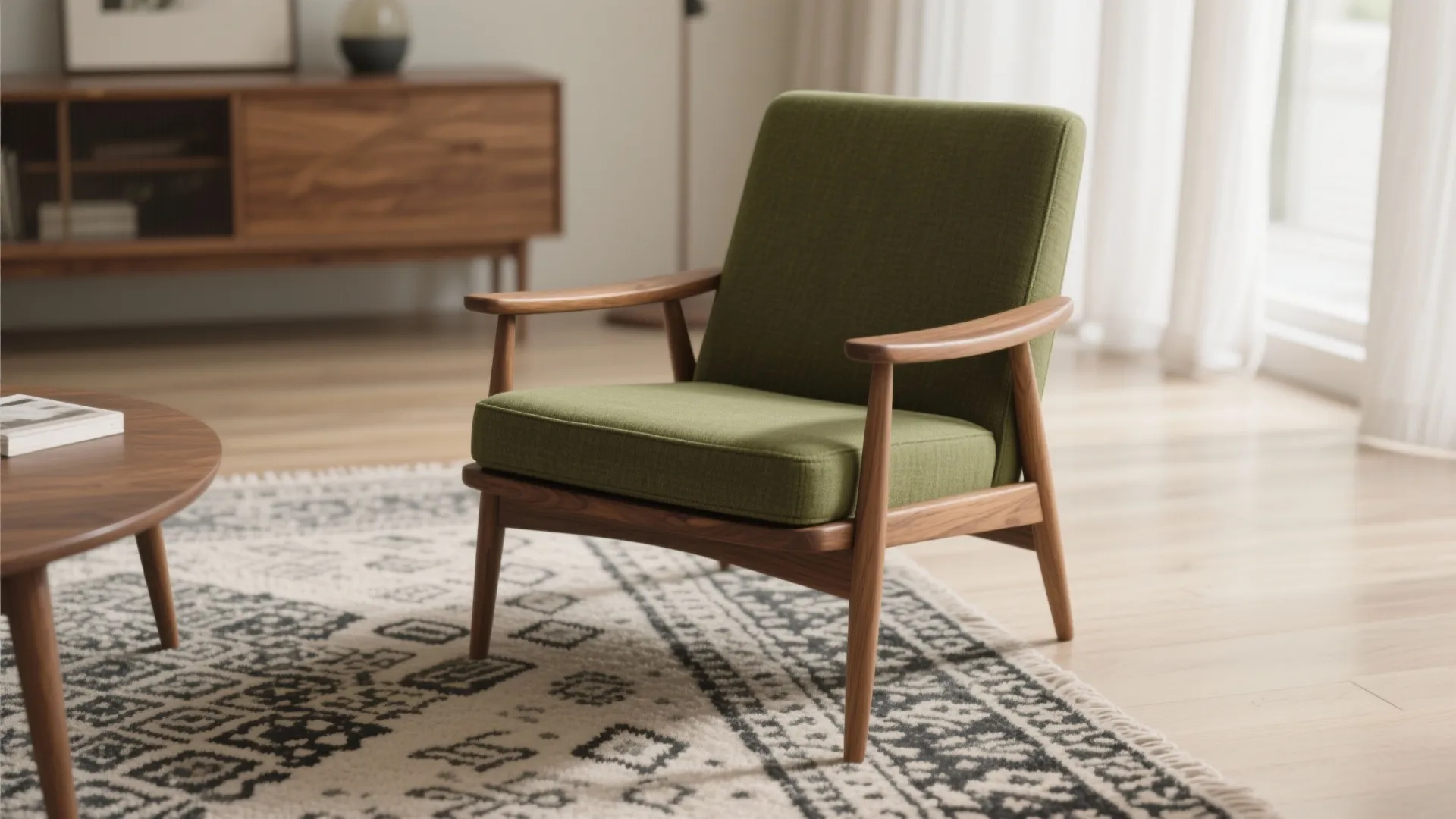 Green armchair with wooden legs placed on a patterned rug in a bright living room