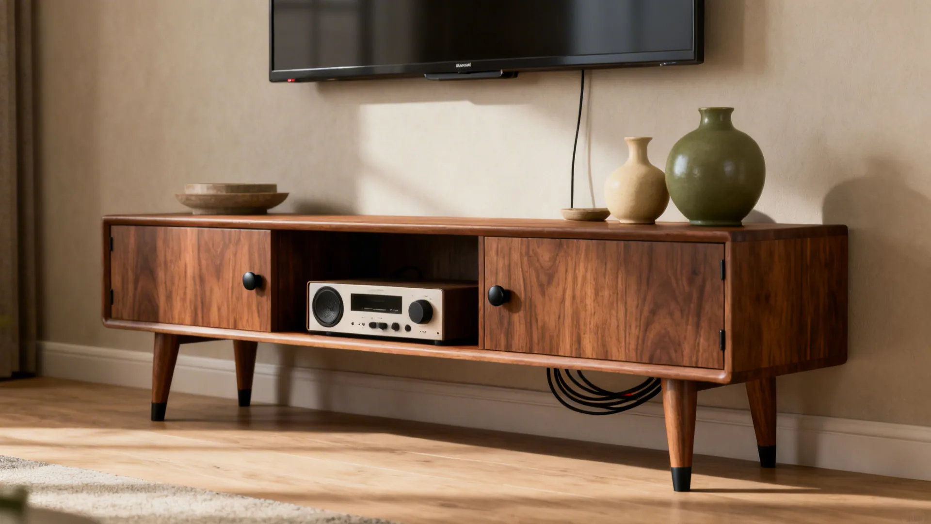 Narrow mid-century cabinet with tapered legs and concealed cable management under a wall-mounted TV.