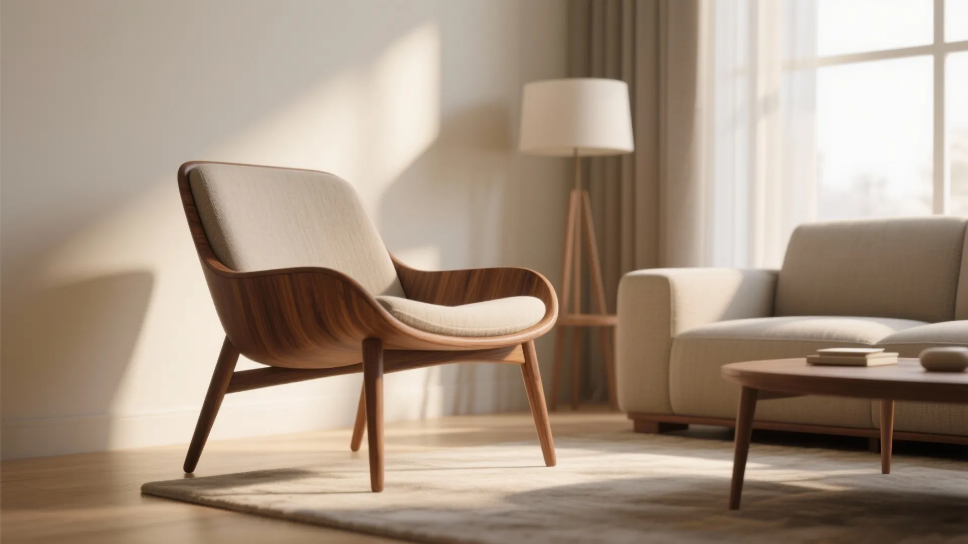 Modern wooden chair with grey cushions in a bright living room with sofa and lamp