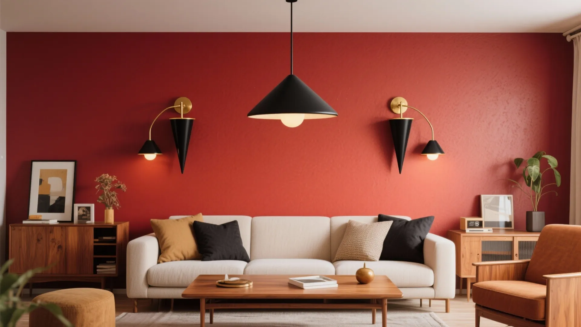 Mid-century cone wall sconces with matte black and brass accents