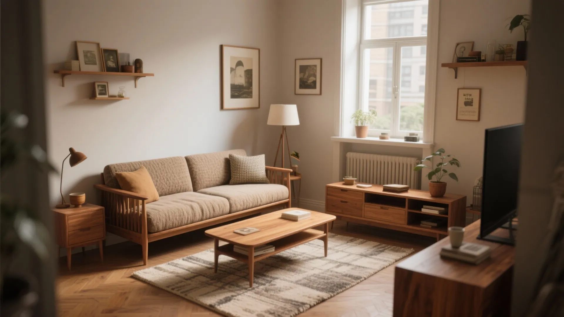 Modern living room featuring wooden sofa coffee table floor lamp wall art and indoor potted plants