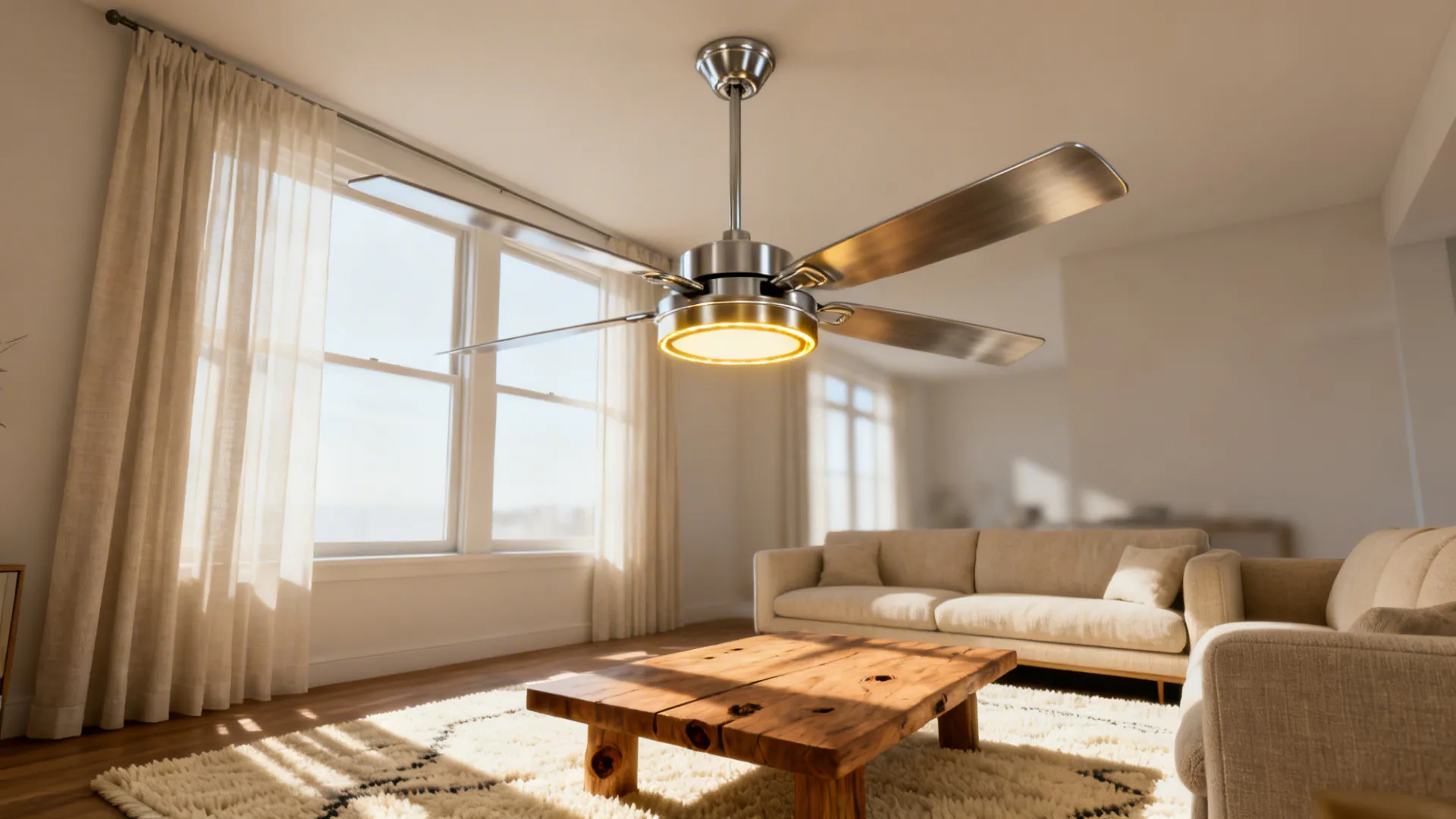 Silver ceiling fan with light in bright living room with wooden table and large beige sofa