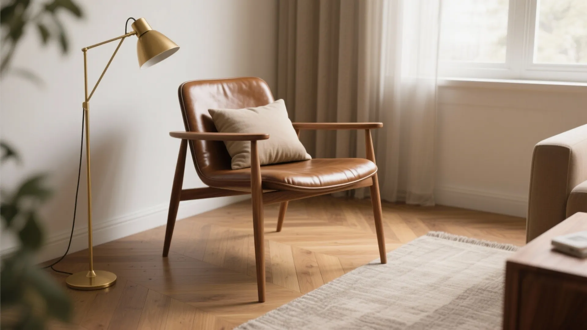 Brown leather chair with beige pillow beside a gold floor lamp on wooden pattern floor