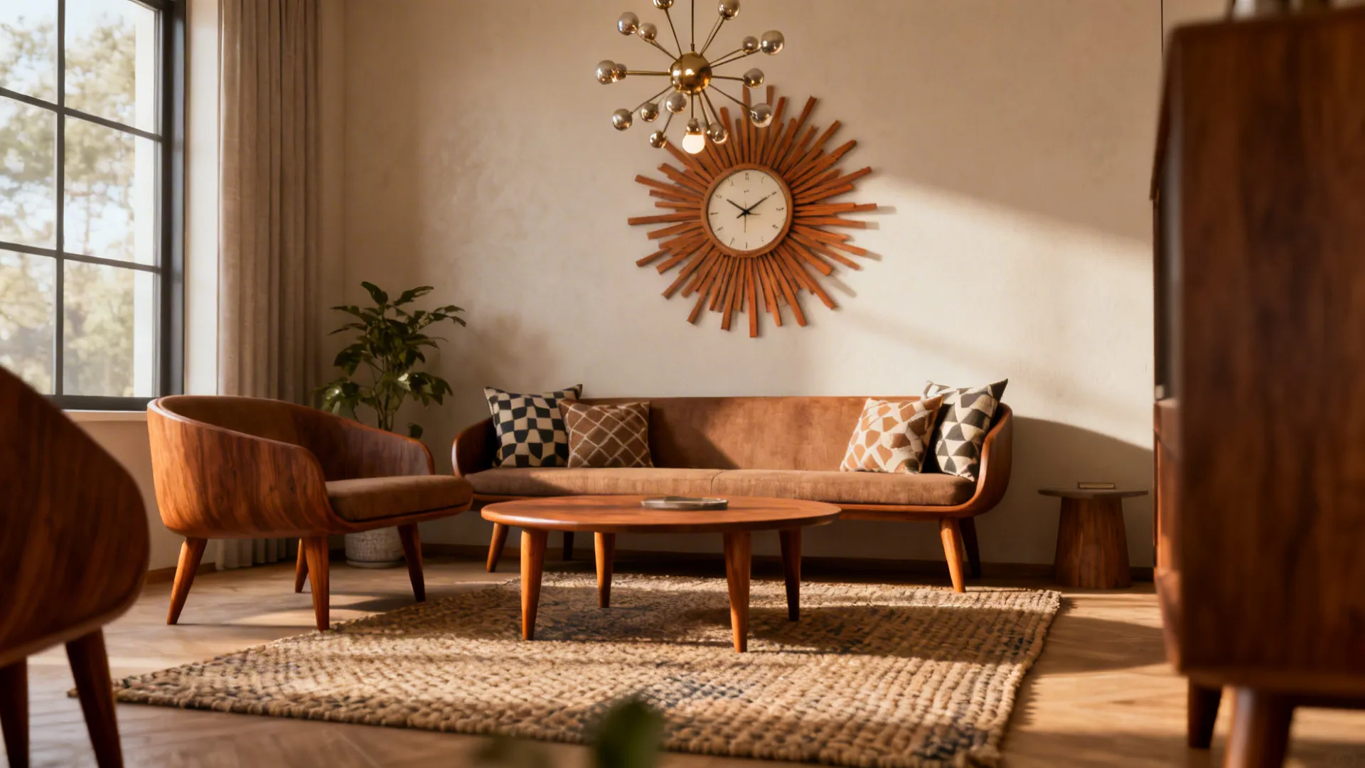 Mid-century living room with brown sofa wooden coffee table rug wall clock and a ceiling light