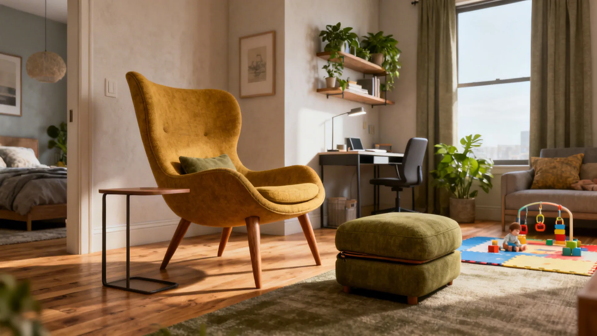 Living room with yellow chair green footrest wooden desk and colorful play area for children