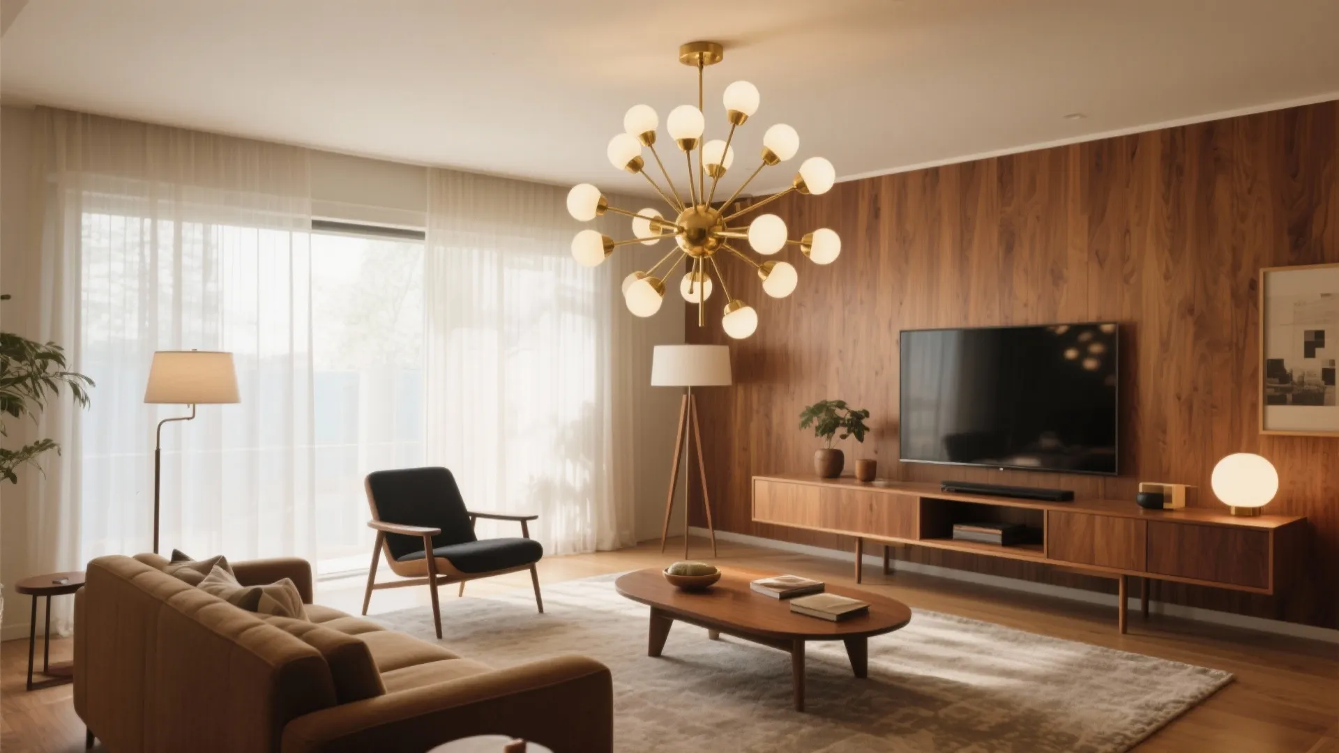 Mid-century Sputnik chandelier in a retro modern living room