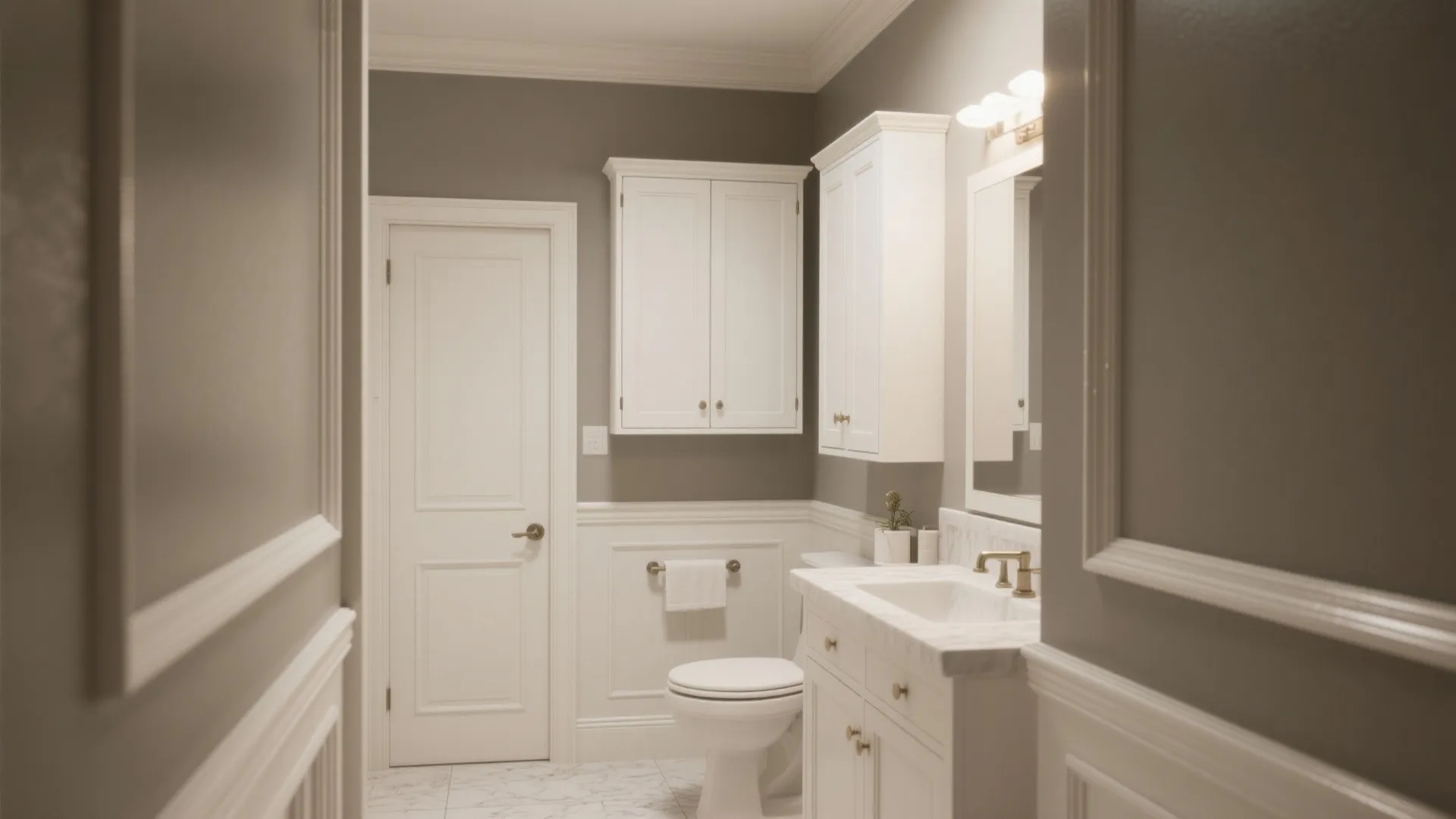 Bathroom with warm mid-gray walls and crisp white trim highlighting architectural details