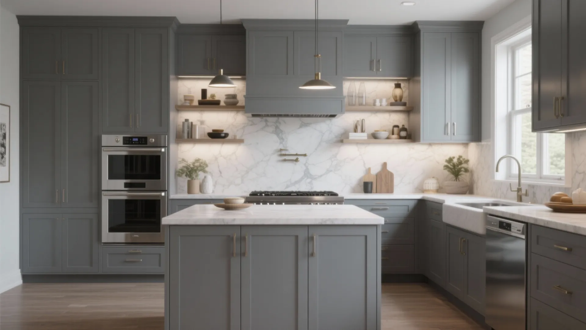 Contemporary kitchen with classic mid-gray cabinets, stainless steel appliances, and marble backsplash.