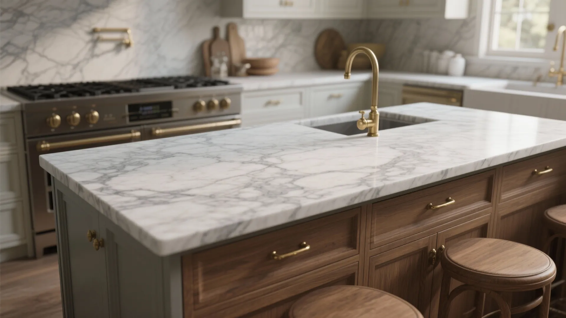 Kitchen island with white marble countertop gold water tap and dark wood cabinets with stools