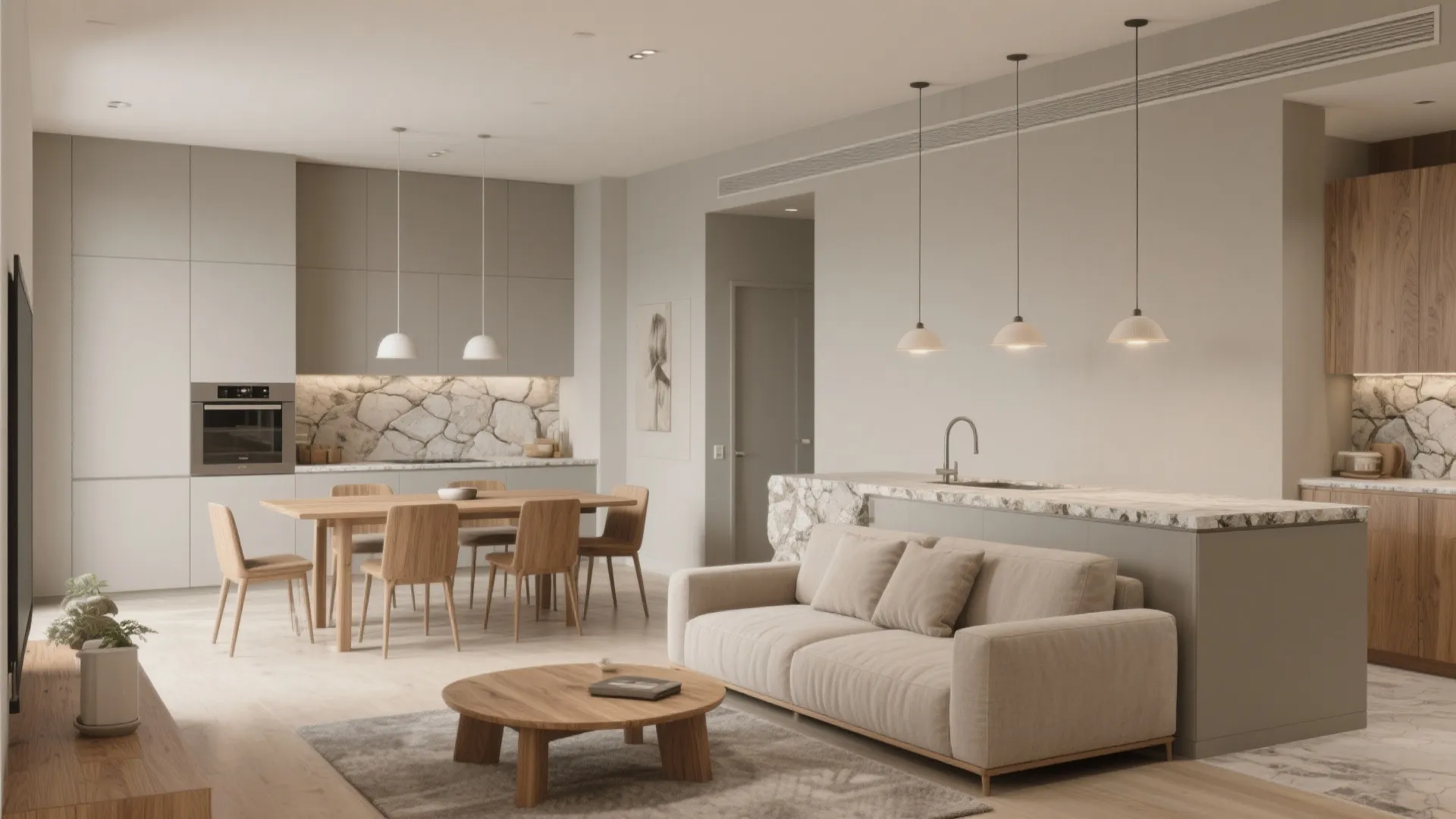 Open-plan living and dining area with mid-tone greige walls unifying kitchen and seating zones.