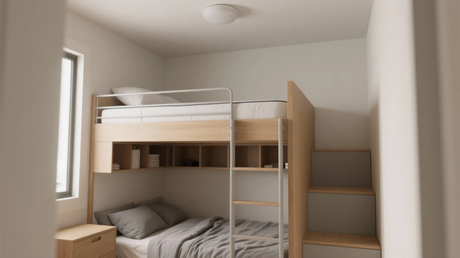 Mid-height loft bed with safe head clearance, rounded corners, and slim off-center light.