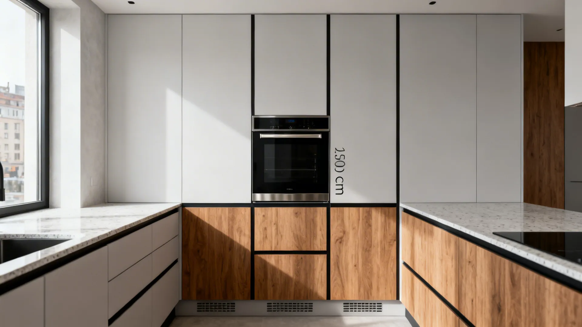 Mid-height wall oven column at eye level with warm wood cabinets and clean horizontal banding.