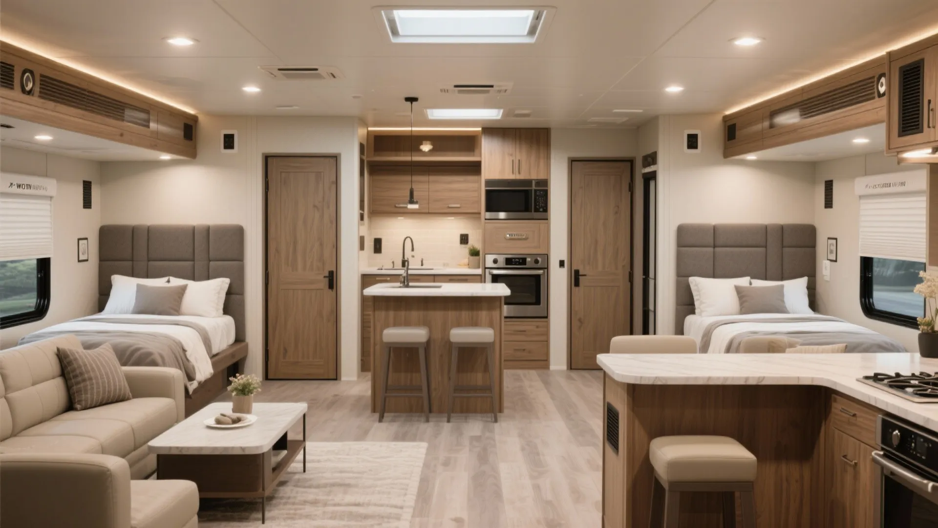 Mid-kitchen and living area with bedrooms at either end in a fifth wheel interior.