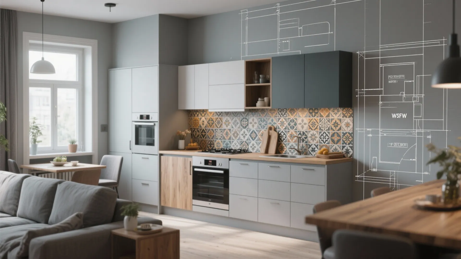 Modern kitchen with grey cabinets patterned tile backsplash wooden countertop and white interior design drawing overlay
