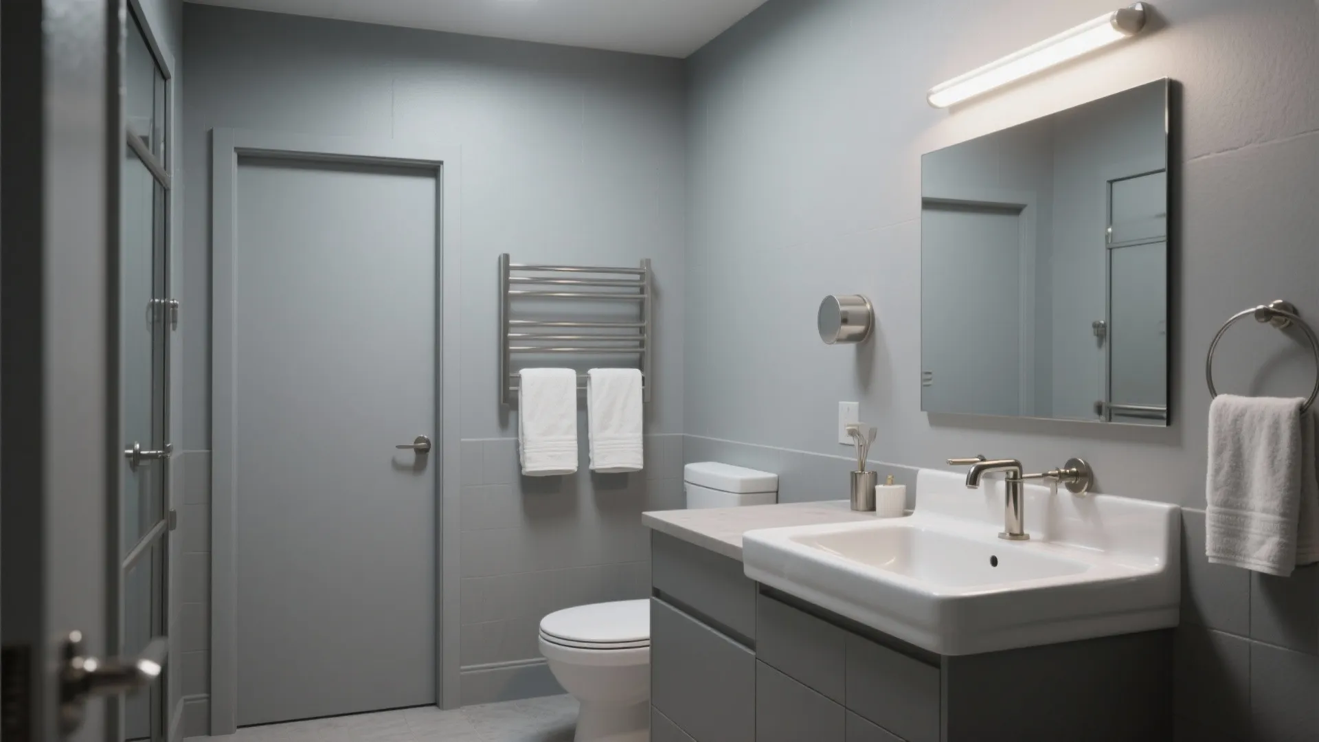 Modern grey bathroom featuring a white sink cabinet toilet mirror and silver metal towel rack