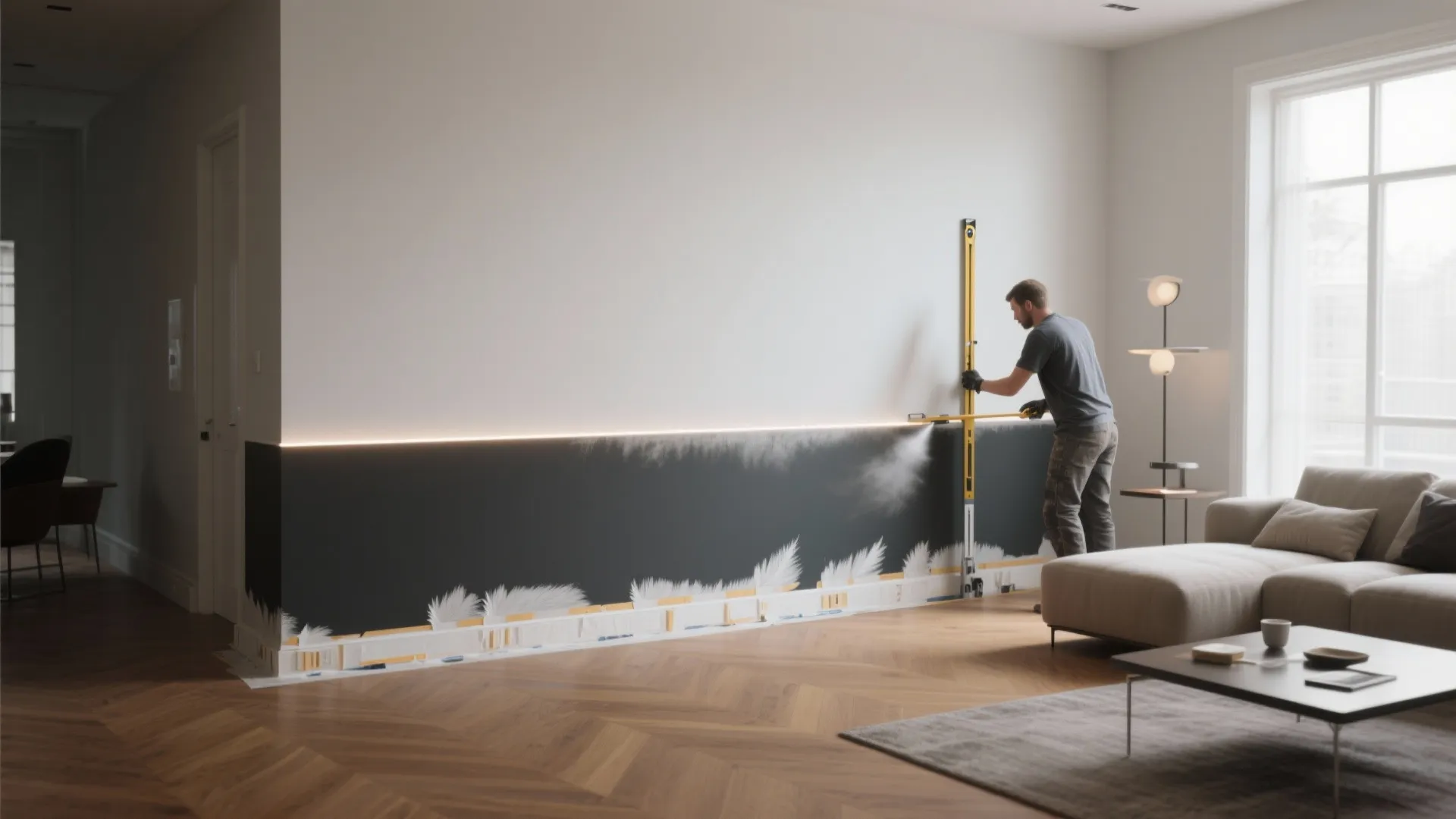 Man using a leveling tool to apply dark wall paint in a modern living room interior
