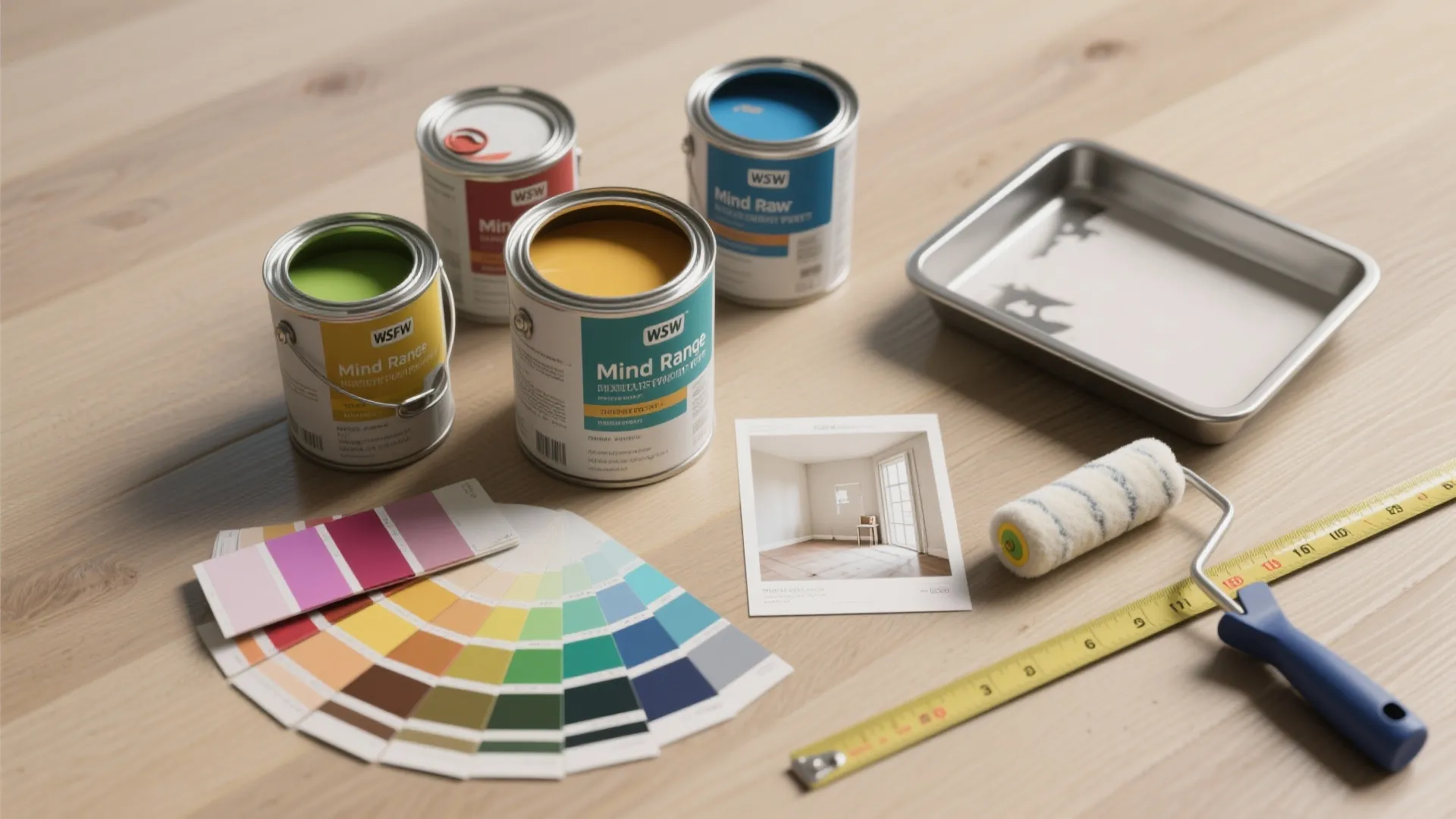 Interior painting supplies with colorful paint cans color palette paint roller measuring tape and a photo
