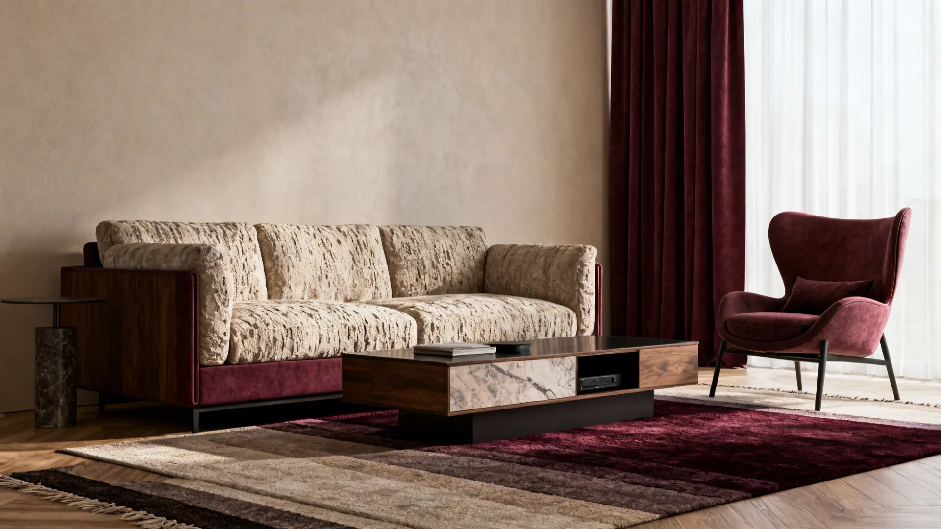 Mid-range living room with statement sofa, accent chair, media console and layered rugs