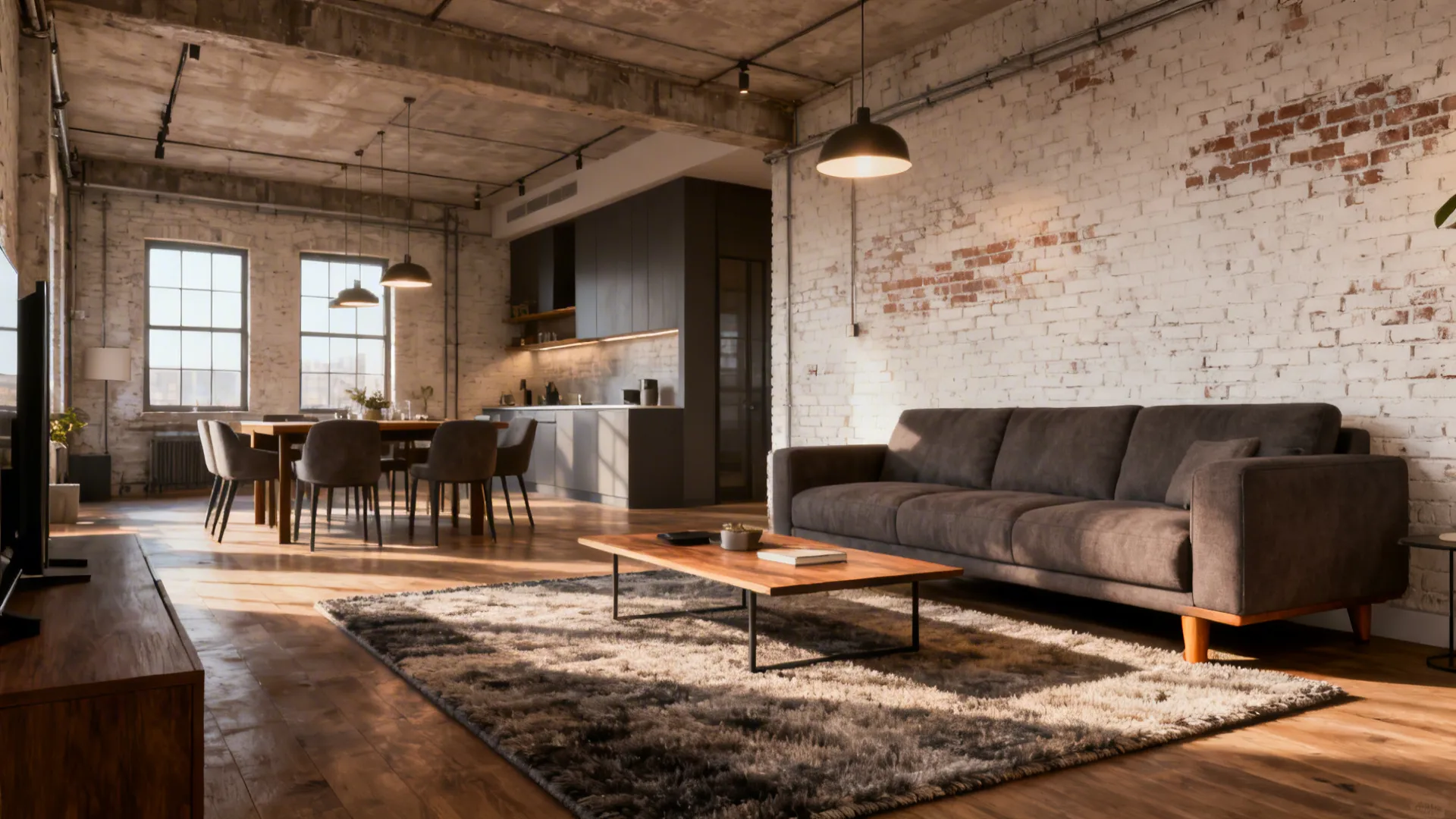 Open-plan loft with a mid-sized rug defining a conversational seating zone near dining area