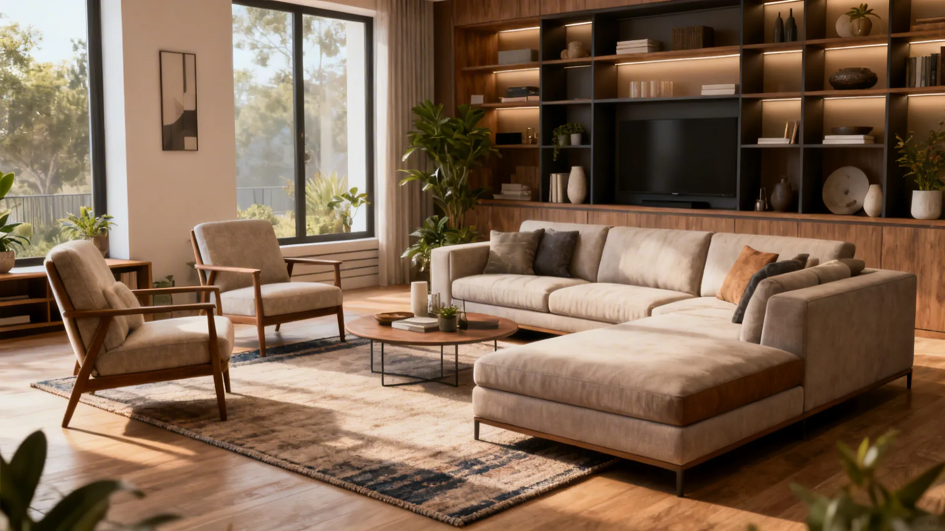 Mid-size living room with modular sofa, rug anchoring seating, and built-in storage to prevent clutter