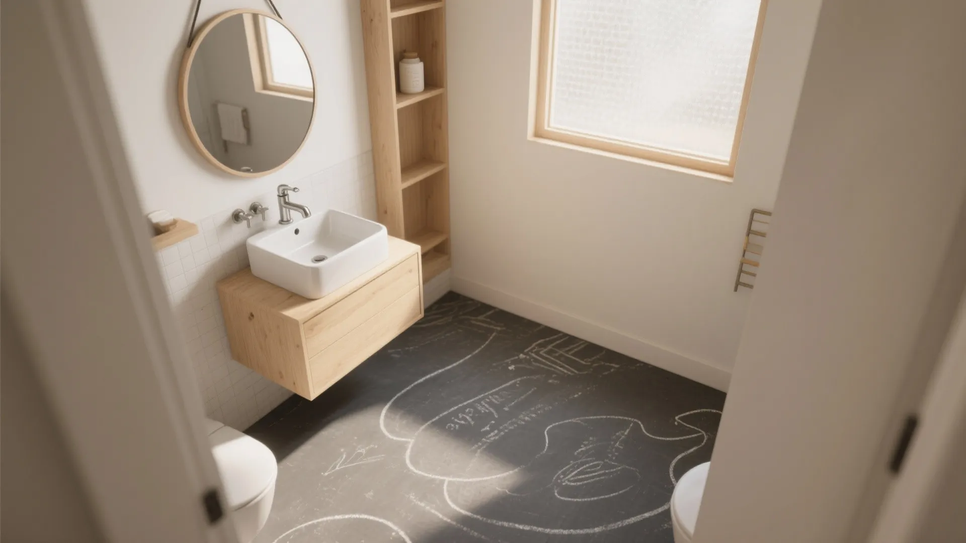 Small bright bathroom with wooden cabinet white sink round mirror and dark floor with patterns