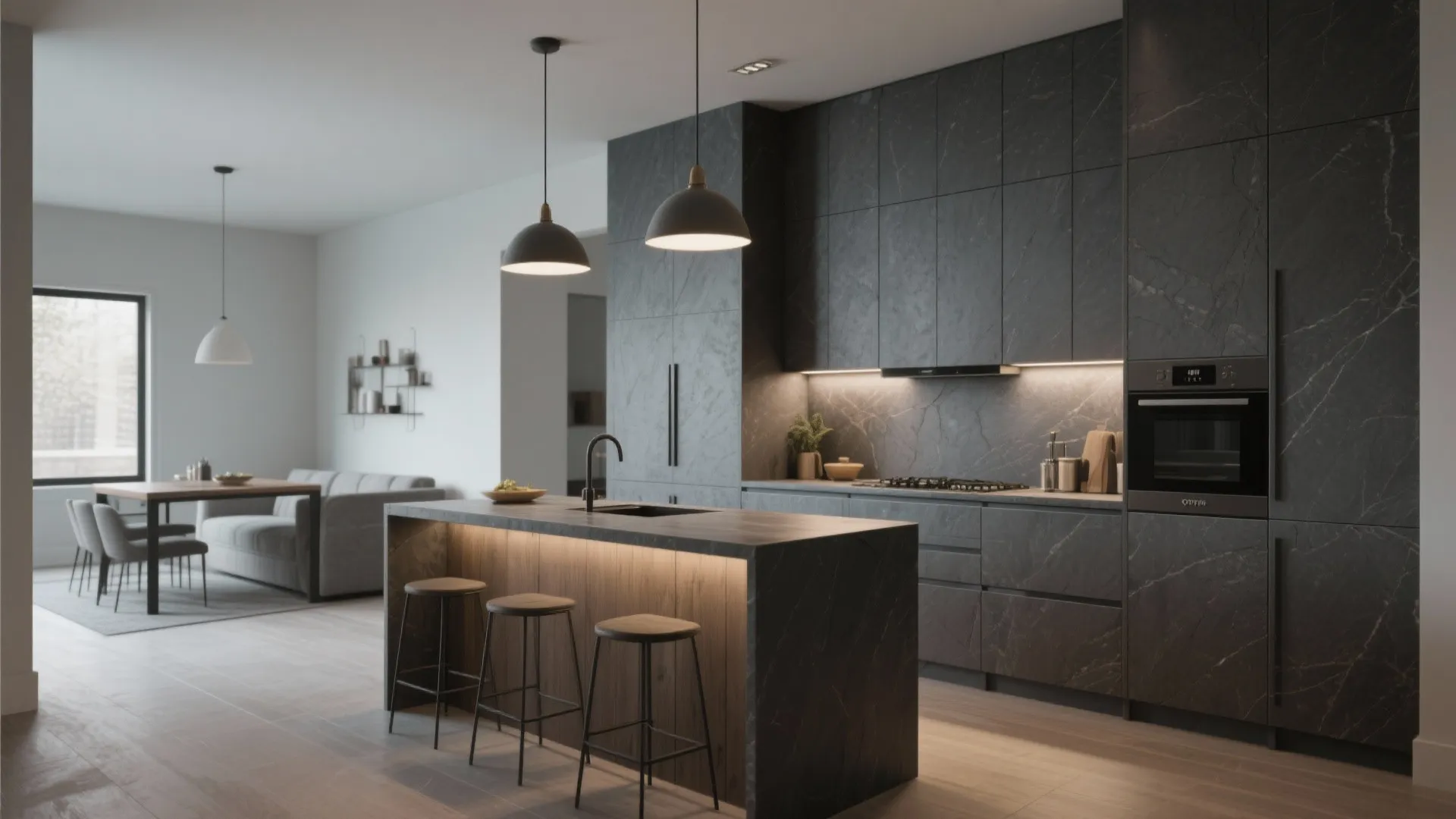 Dark grey kitchen design with stone island stools black pendant lights and open plan living area