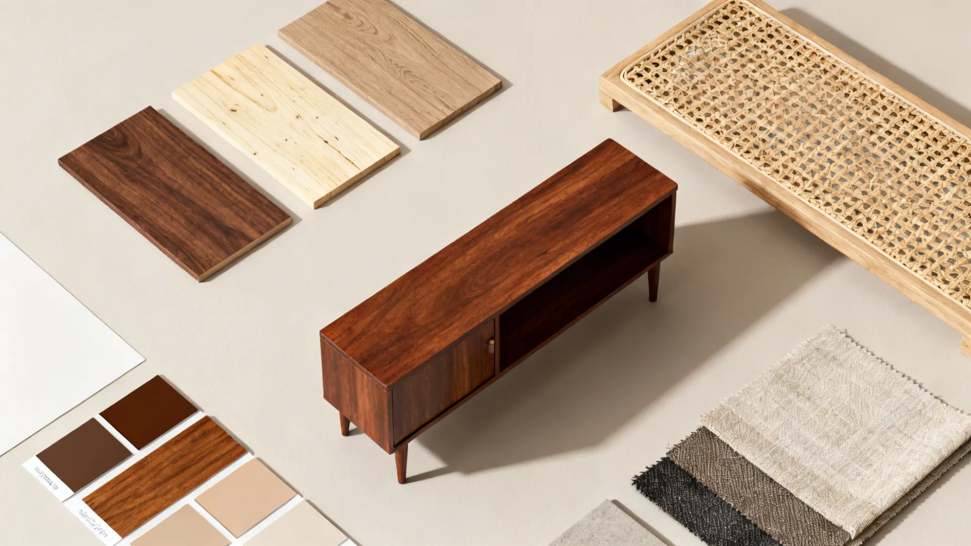 Interior design flatlay with wood samples, fabric swatches, color palettes, small cabinet, and woven bench