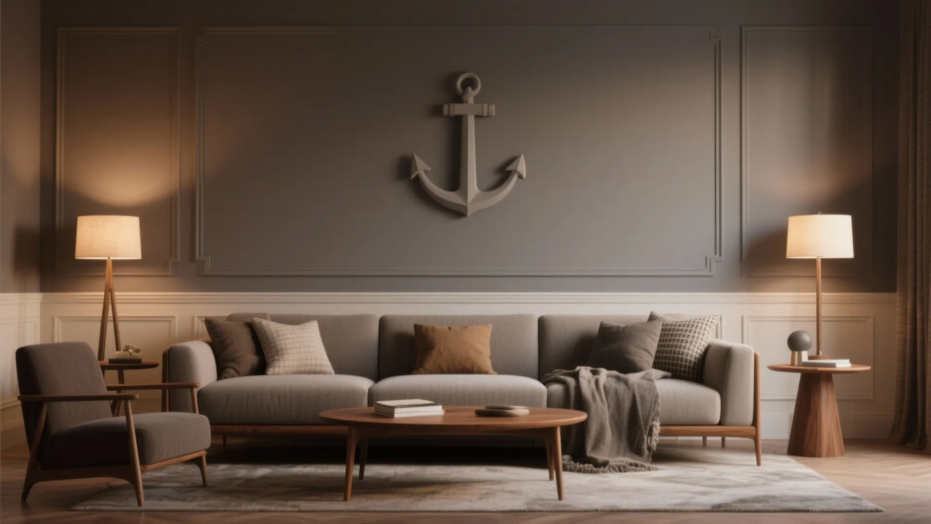 Symmetrical living room design with grey sofa anchor wall decor wooden tables and warm floor lamps