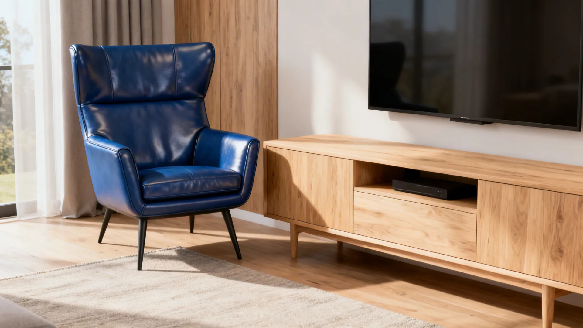 Compact living room with a mid-blue leather accent chair next to light oak furniture.