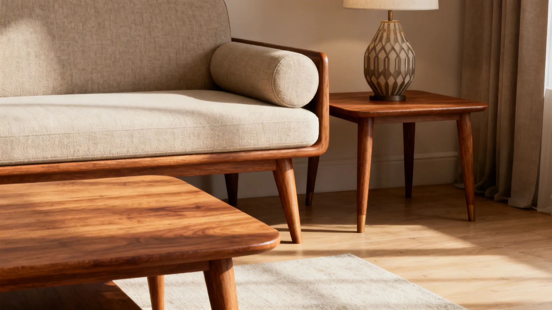 Mid-century three-piece living room set with sofa, coffee table and side table in warm tones.