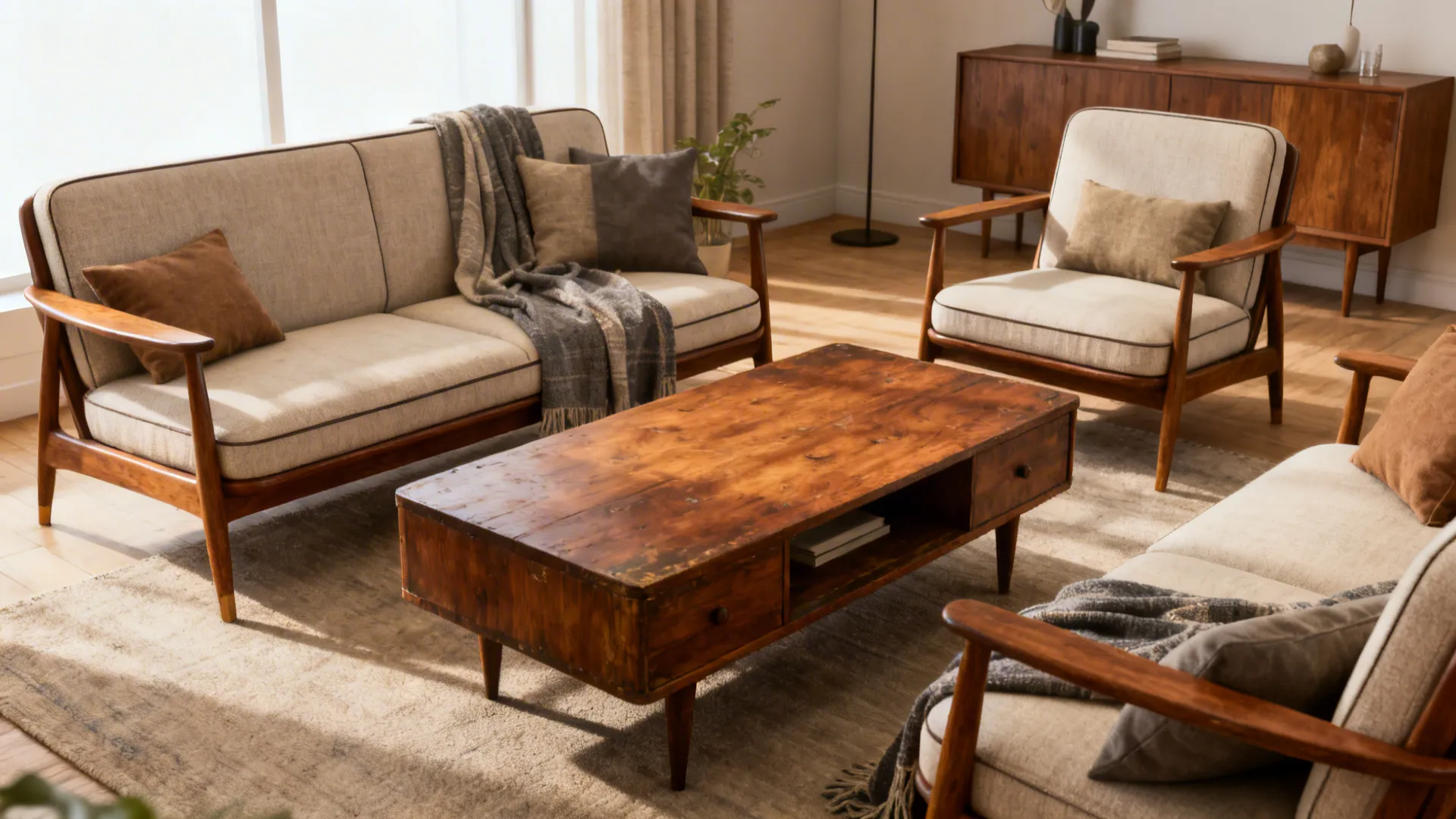 Mid-century style sofa, loveseat and walnut coffee table in a curated living room.