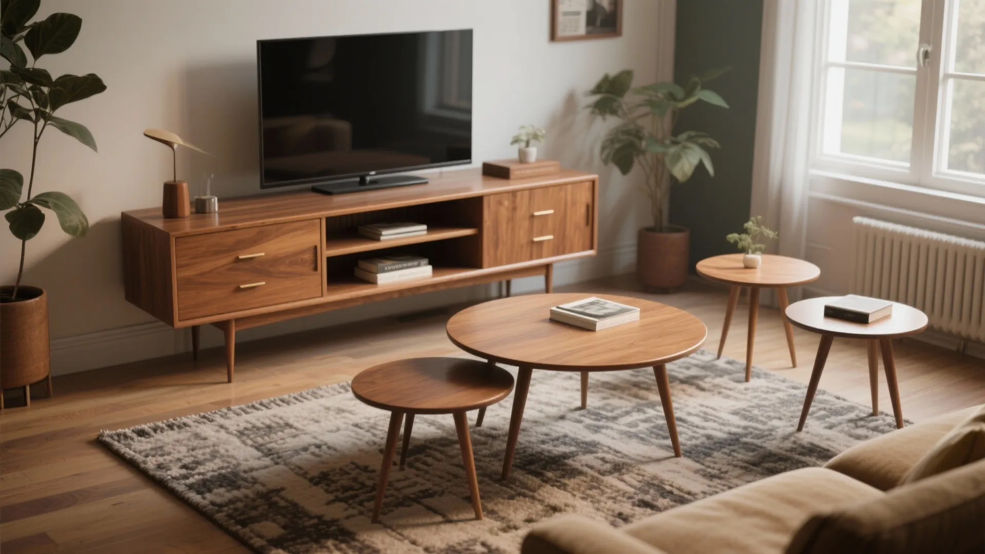 Mid-century living room with television on dark wood cabinet and three round wooden coffee tables