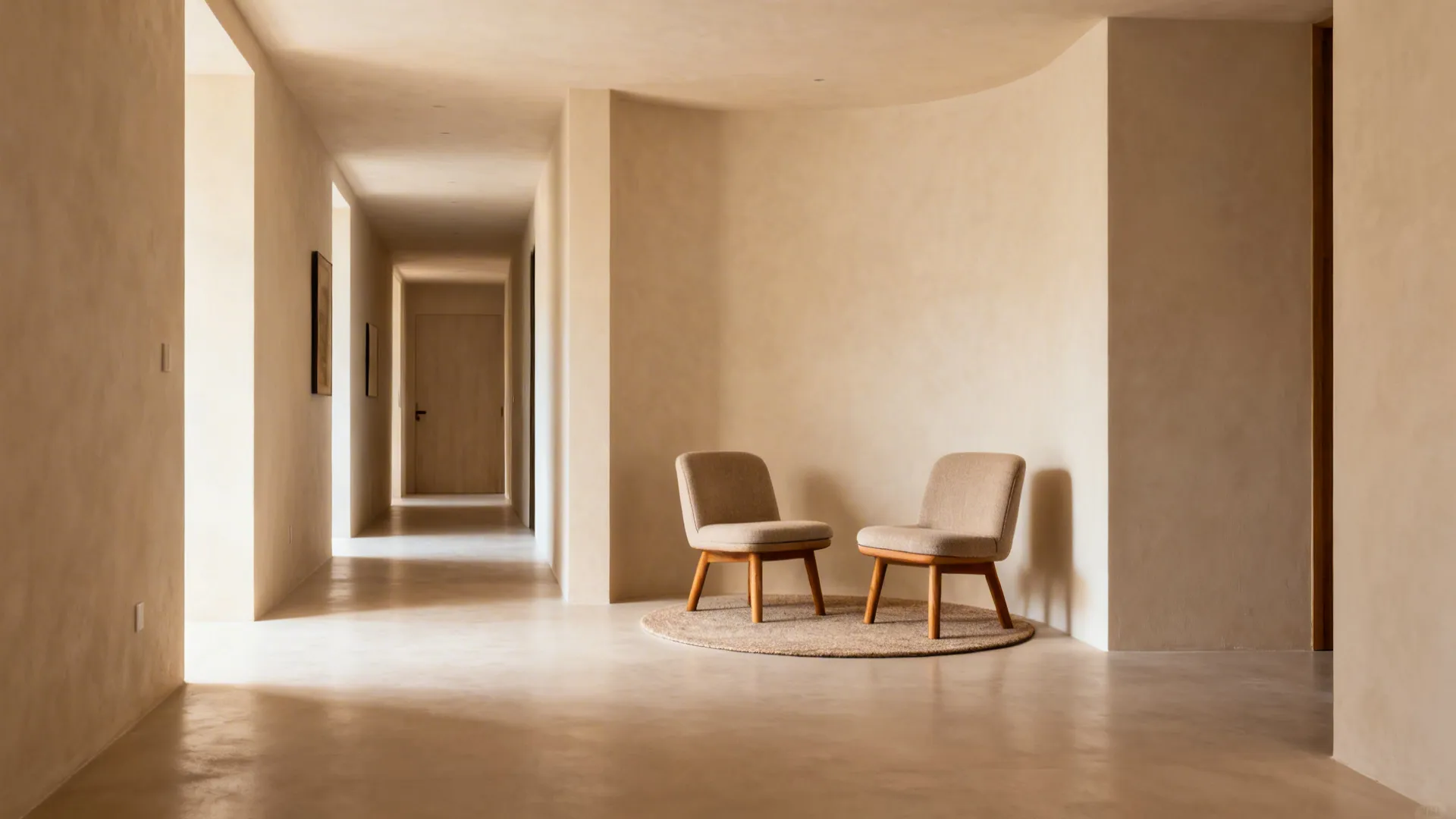 Two armless mid-century accent chairs on a round rug forming a conversation nook in a small living room.