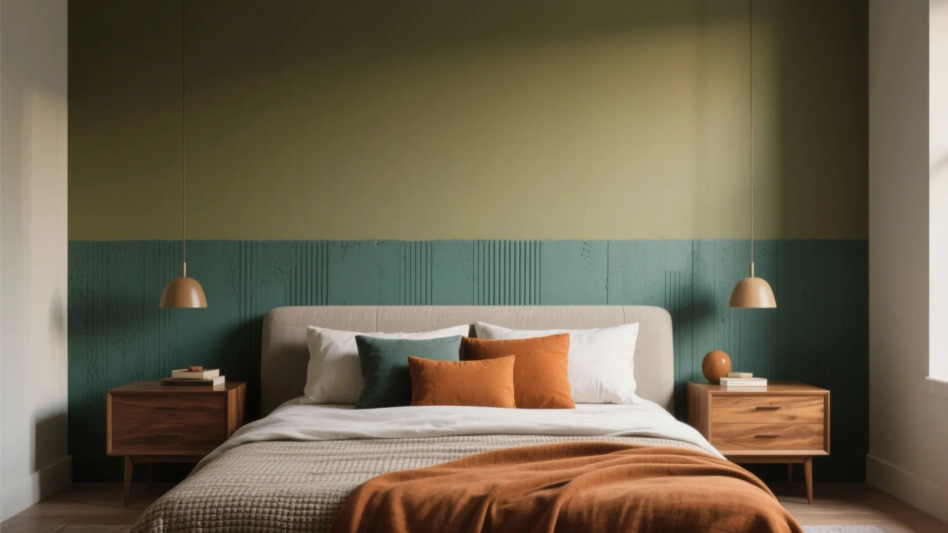 Modern bedroom with green wall panel wooden nightstands hanging ceiling lights orange pillows and bed