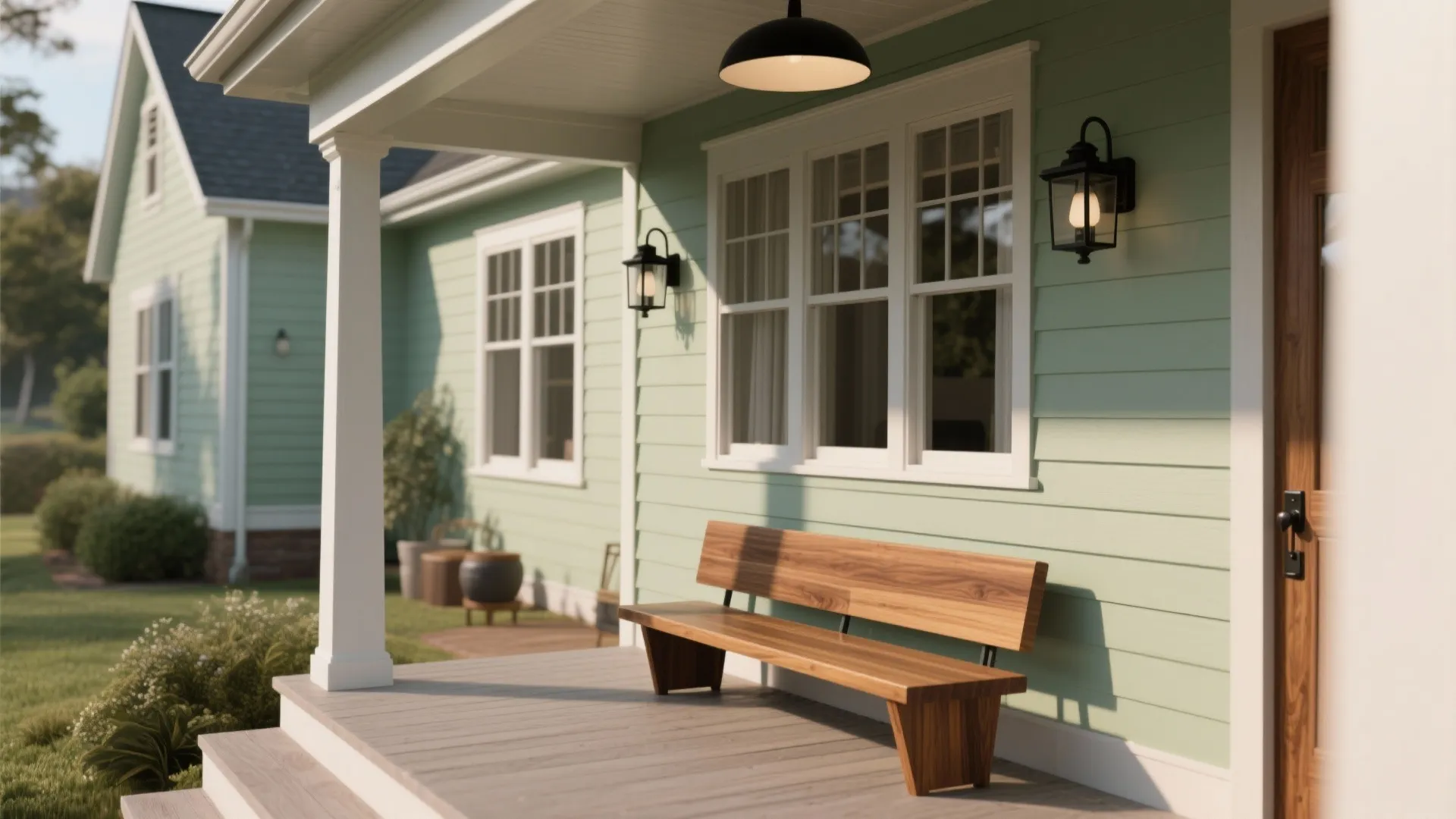 Wooden bench on a house porch with white columns wall lights ceiling light and green walls