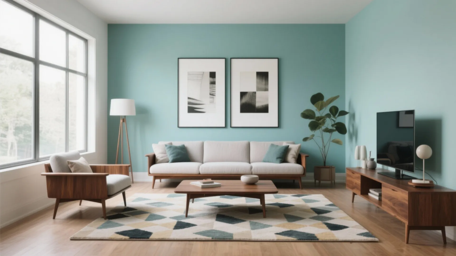 Modern living room with light blue walls white sofa wooden TV stand and geometric pattern rug