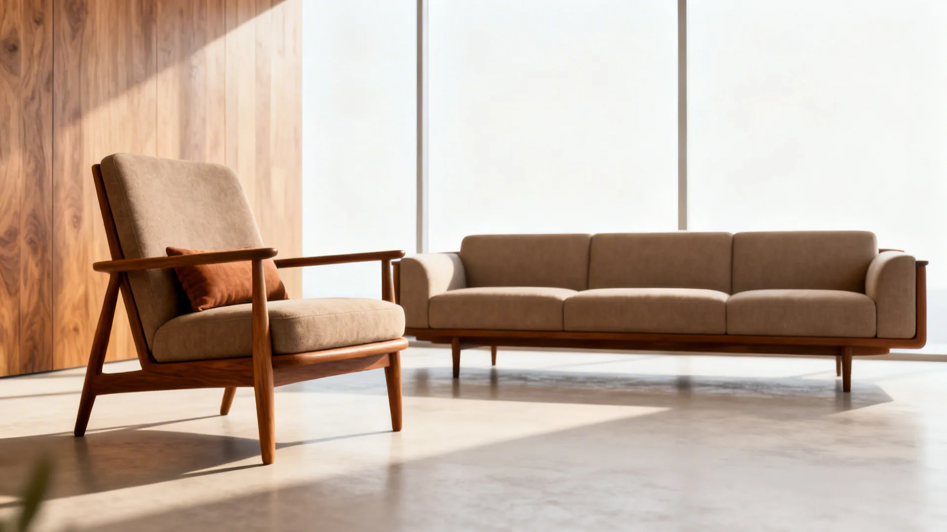 Mid-century modern armchair paired with a sectional creating a balanced conversation area