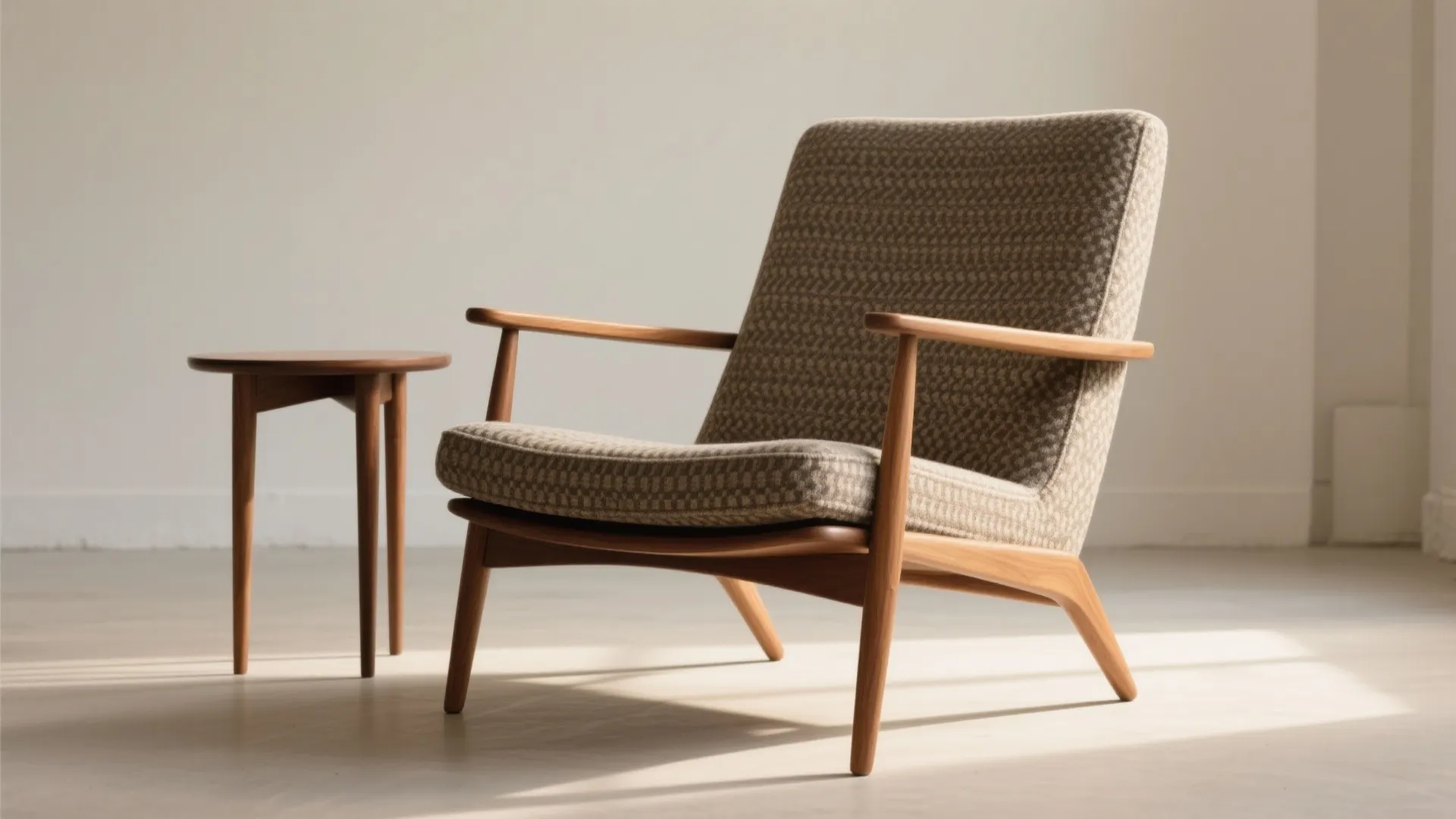 Armless mid-century lounge chair with tapered legs in a small studio, showing raised legs and slim profile.