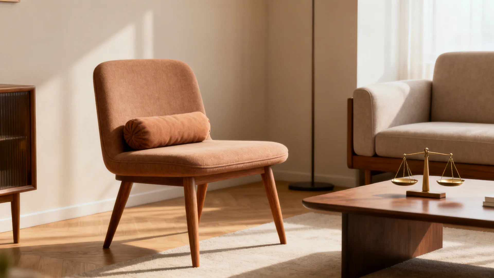 Armless mid-century occasional chair with tapered legs next to a low coffee table in a small living room.