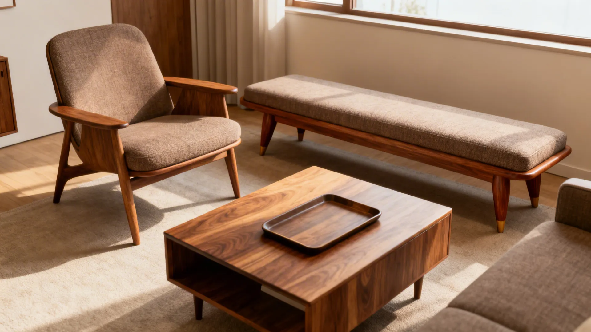 Mid-century chair with a long bench ottoman used for seating and as a coffee table.