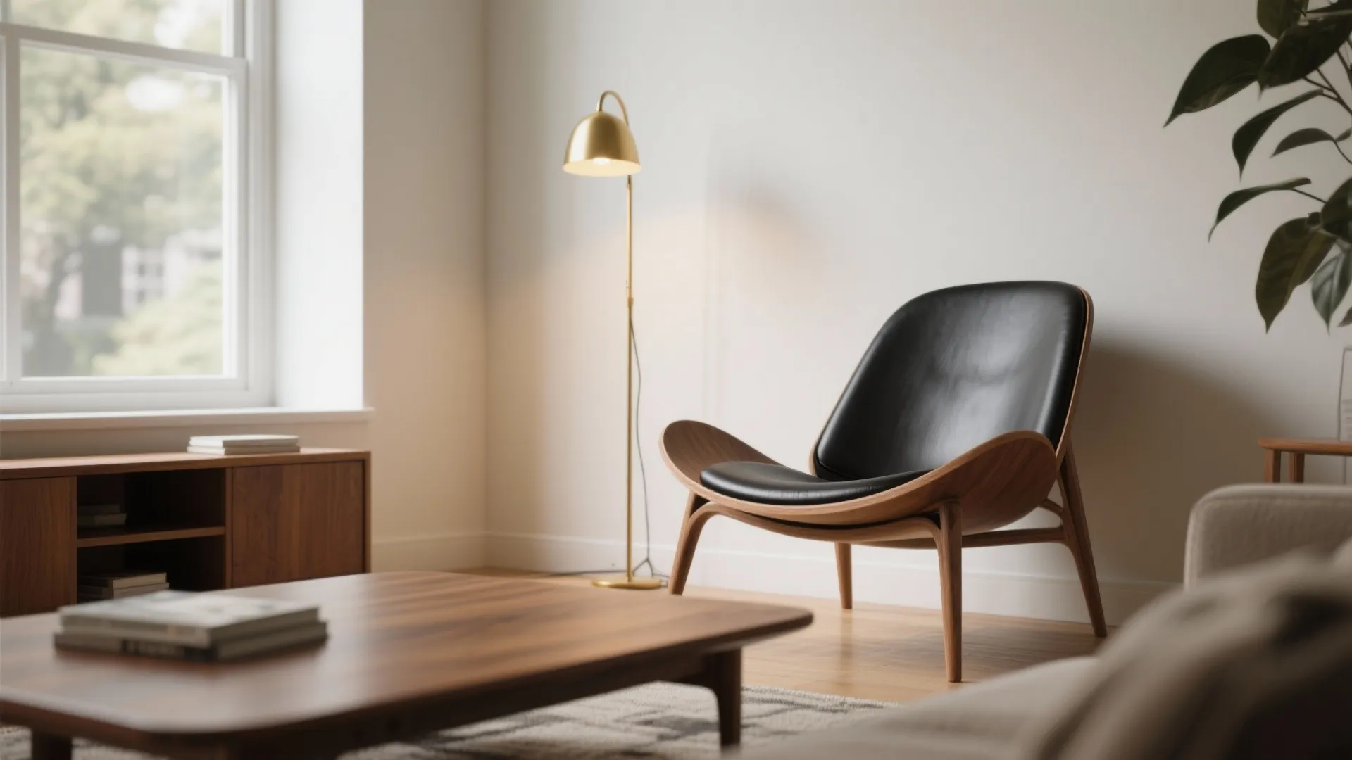 Modern black leather chair with wood frame next to gold floor lamp and coffee table